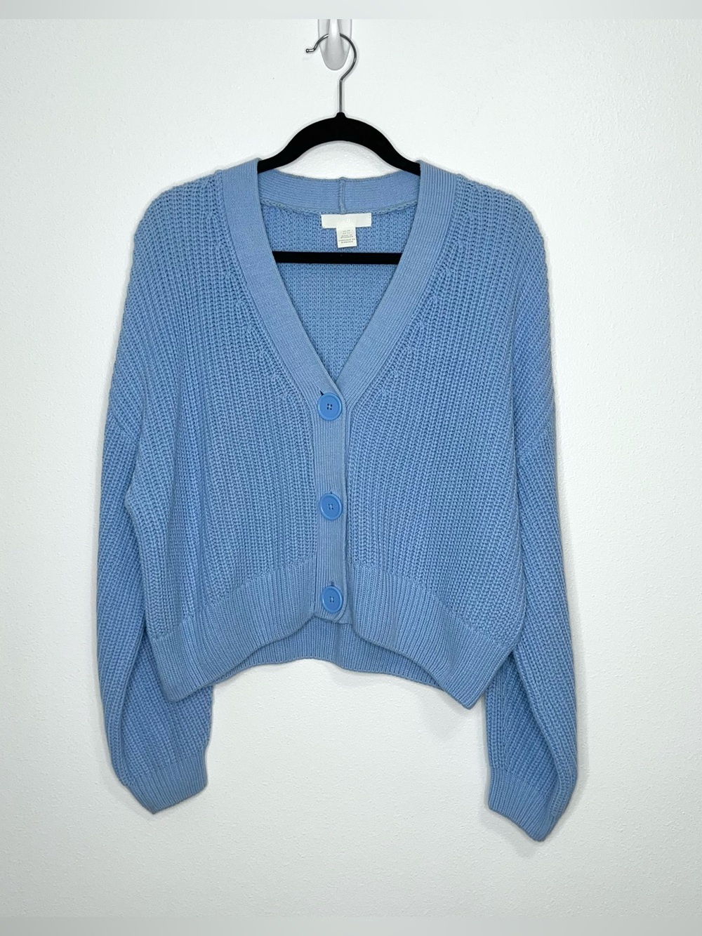 H&M Blue Chunky Knit Cropped Cardigan Sweater Women’s X-Small Oversized 3 Button